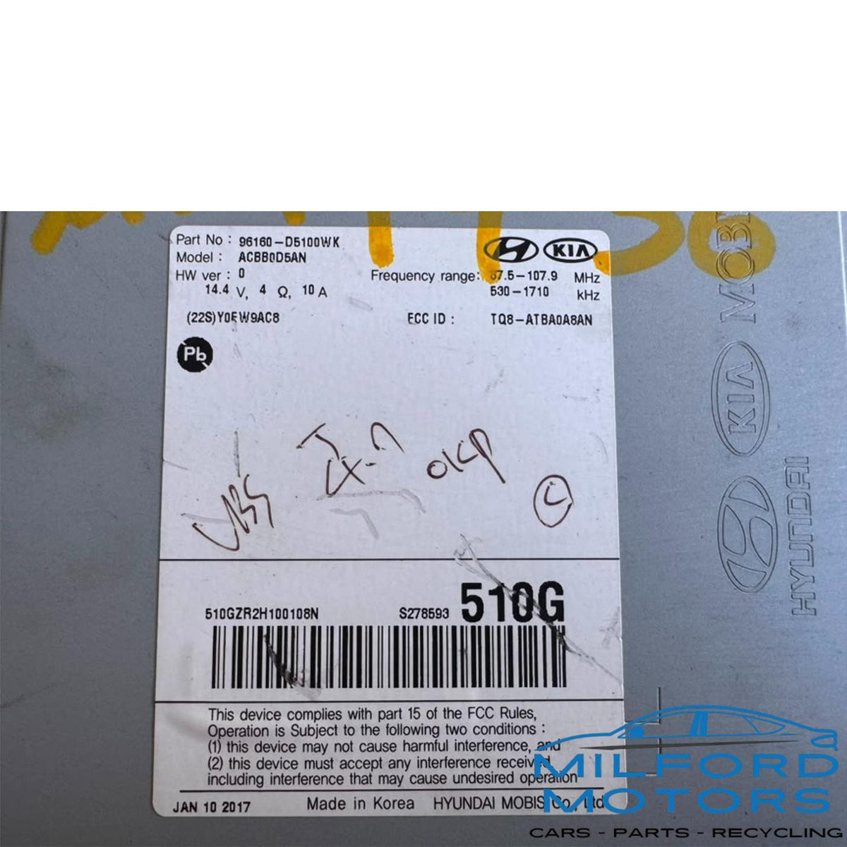 USED KIA OPTIMA 2017-2018 OEM RADIO RECEIVER 7.0" SCREEN  – 96160D5100WK
