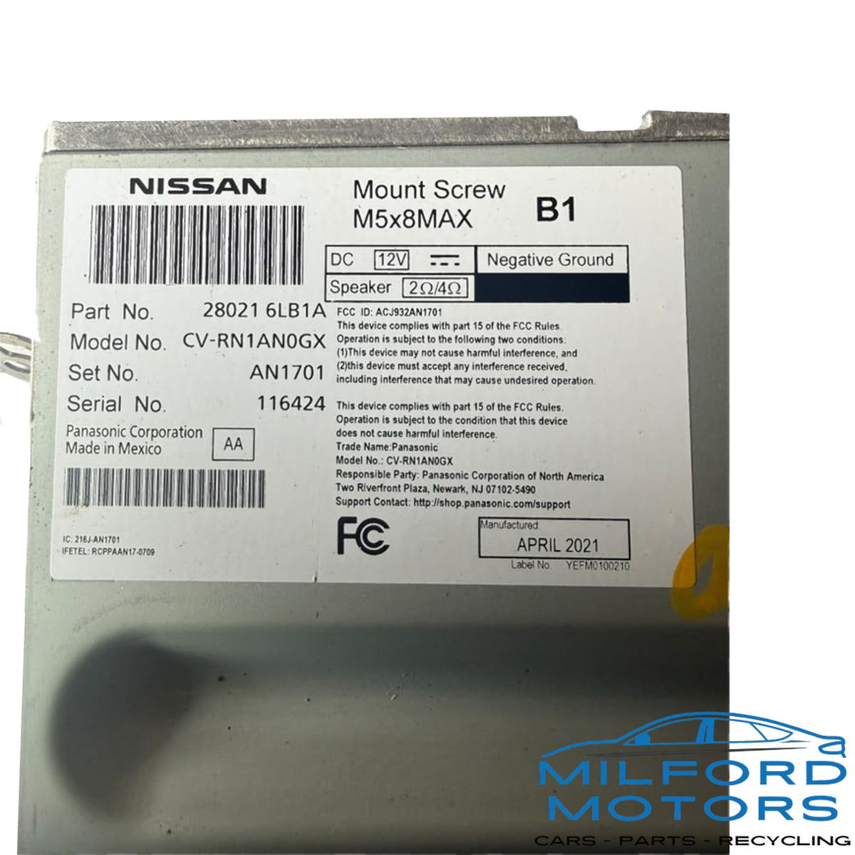 OEM Radio Audio Receiver – AM/FM – 2020-2022 Nissan Sentra 43,521 Miles