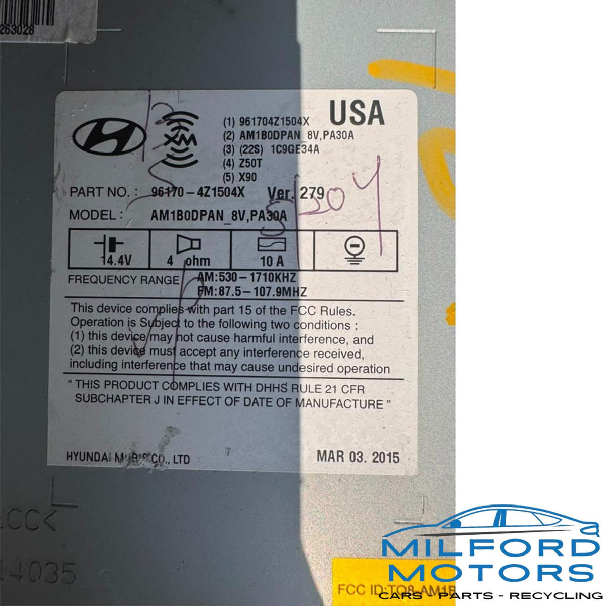 2015-2016 Hyundai Santa Fe Sport Radio Audio Receiver AM FM CD SAT MP3 96170-4Z150