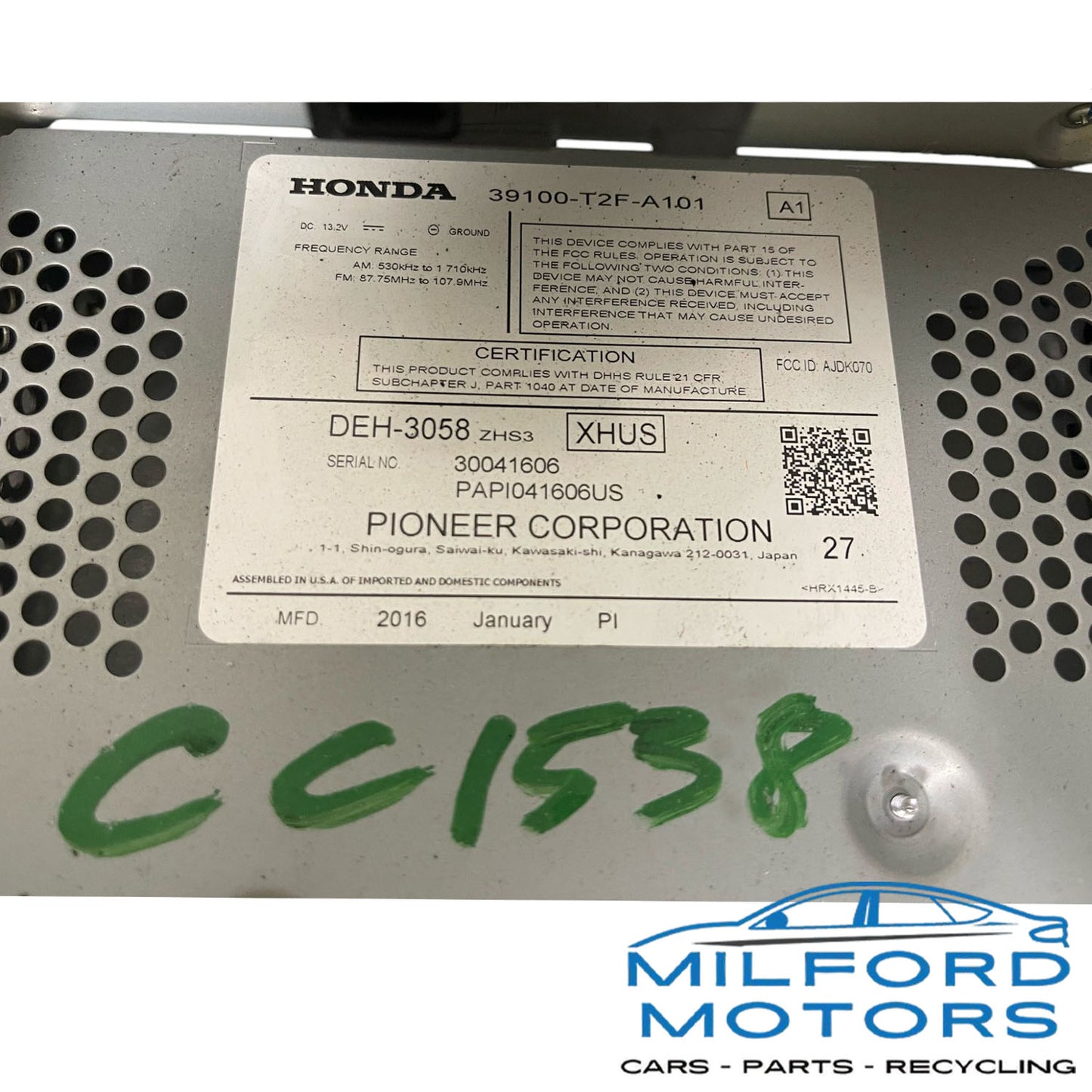 USED Radio Audio with Face Panel and Receiver Fits for 2016 Accord Sport 2.4L