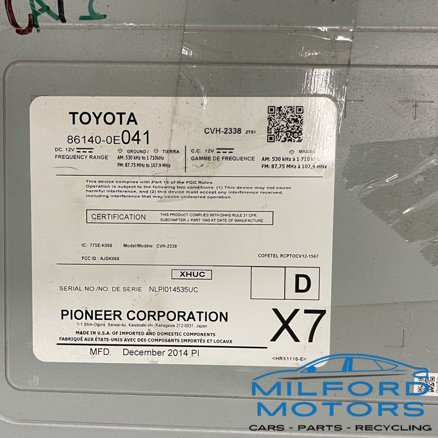 Radio Audio with Face Panel and Receiver Fits for 2014-2015 Highlander 3.5L