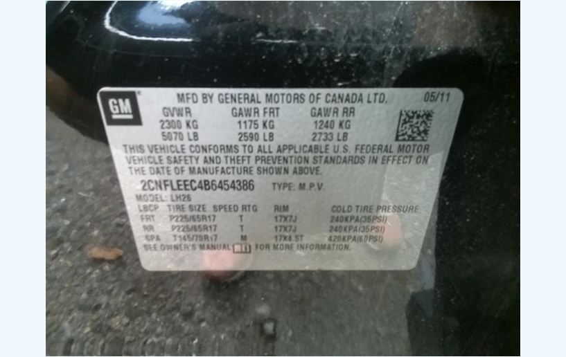 Used OEM Left Tail Light 2010–2015 Chevrolet Equinox 22759316